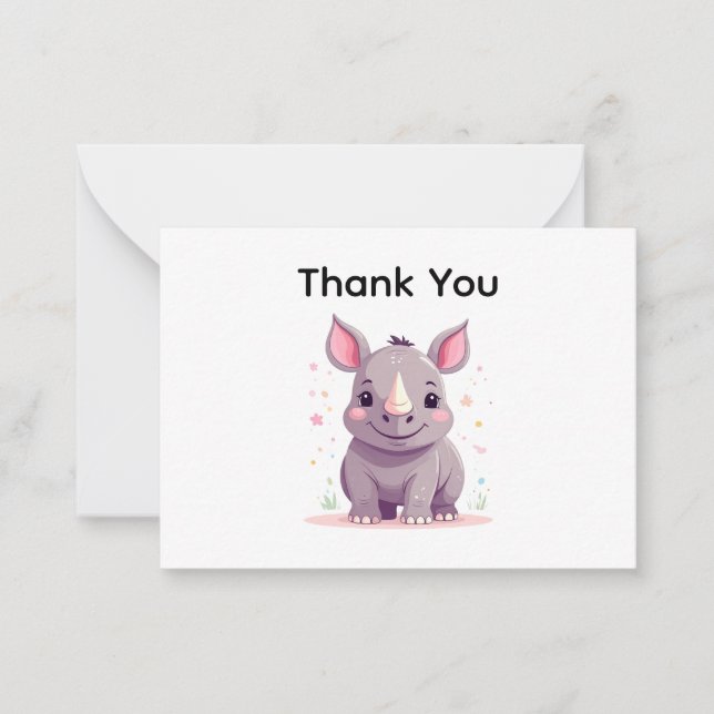 Cute Baby Rhino Cartoon Illustration Thank You Note Card (Front)