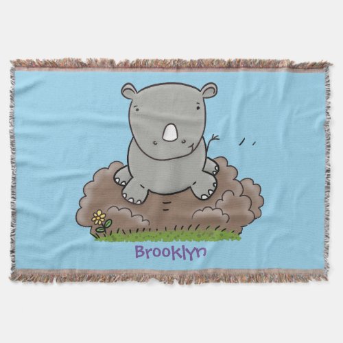 Cute baby rhino cartoon illustration throw blanket