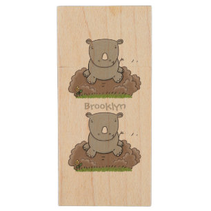 Cute baby rhino cartoon illustration wood flash drive