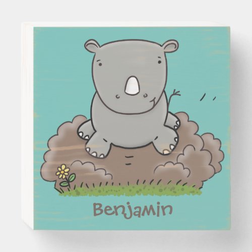 Cute baby rhino cartoon illustration wooden box sign