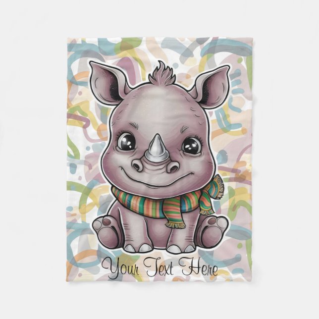 Cute Baby Rhino Cartoon Personalize Name Fleece Blanket (Front)