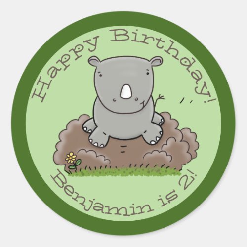 Cute baby rhino green cartoon illustration classic round sticker