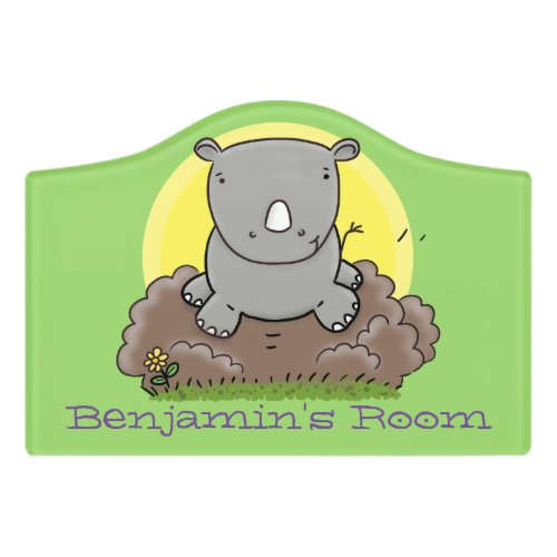 Cute baby rhino green cartoon illustration door sign