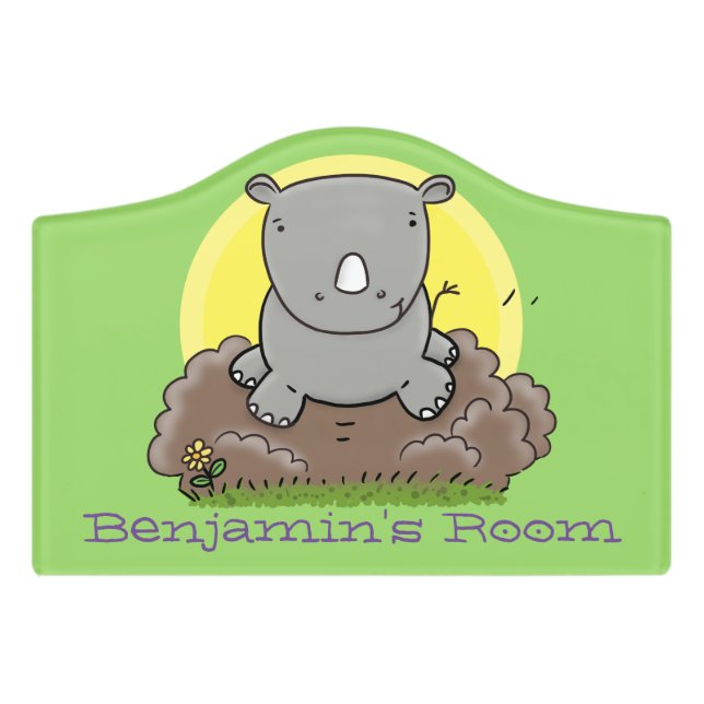 Cute baby rhino green cartoon illustration door sign (Small Crest Front)