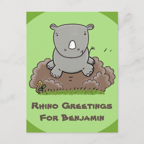 Cute baby rhino green cartoon illustration postcard
