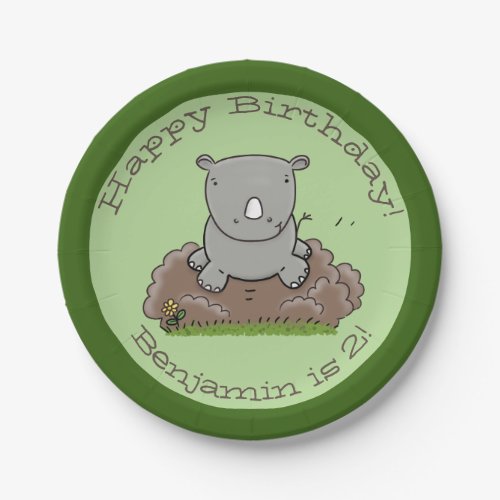 Cute baby rhino personalized cartoon birthday paper plates