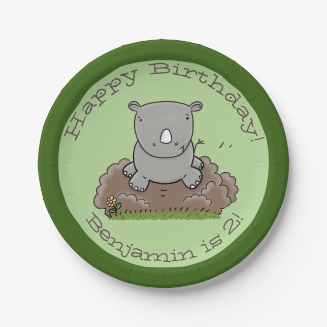 Cute baby rhino personalized cartoon birthday paper plates (Front)