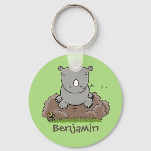 Cute baby rhino running green cartoon illustration keychain