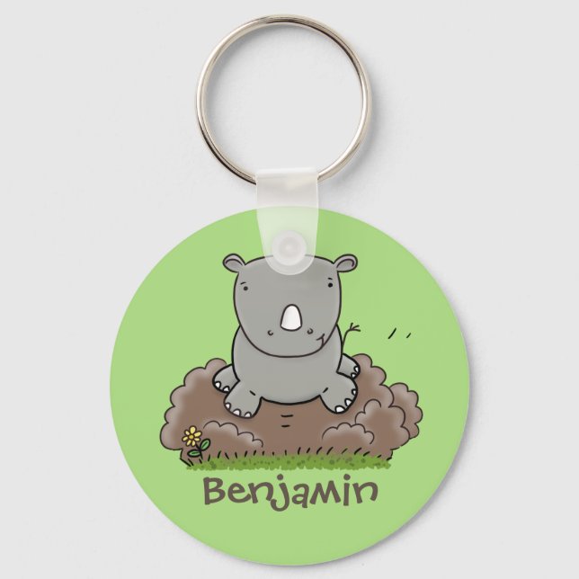 Cute baby rhino running green cartoon illustration keychain (Front)