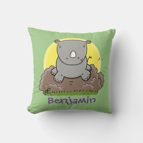 Cute baby rhino running green cartoon illustration throw pillow