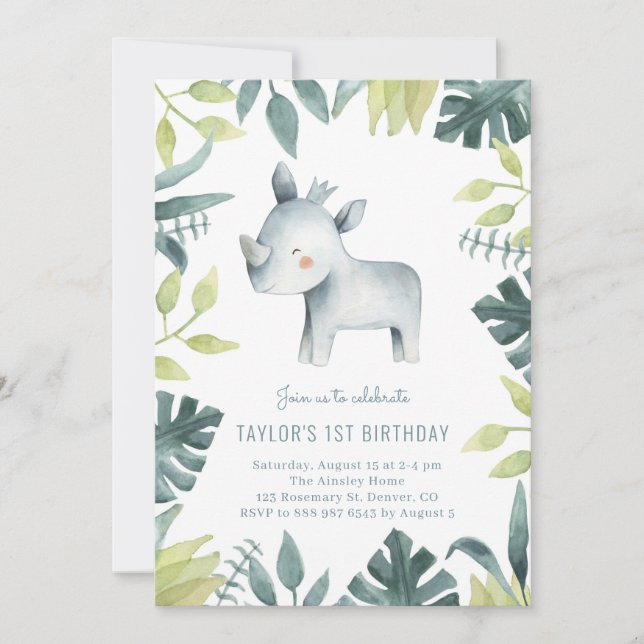 Cute Baby Rhinoceros Tropical Jungle Kids Birthday Invitation (Front)