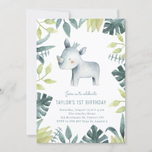 Cute Baby Rhinoceros Tropical Jungle Kids Birthday Invitation
