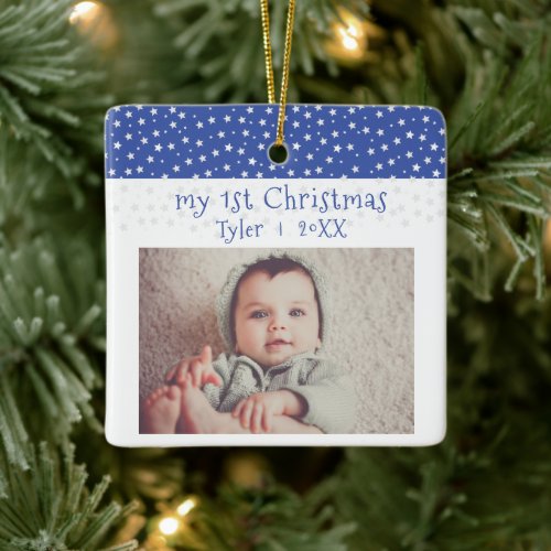 Cute Babys 1st Christmas Blue Stars Photo Baby Ceramic Ornament