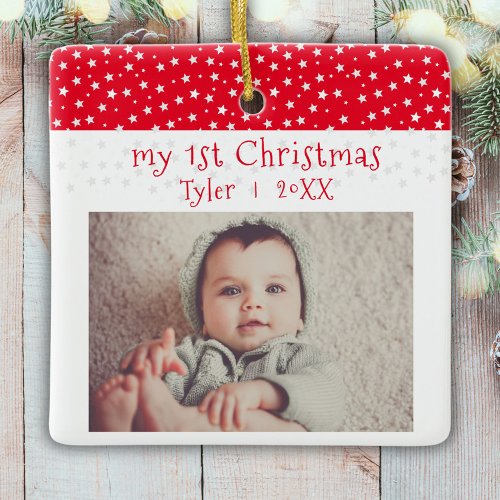 Cute Babys 1st Christmas Red Stars Photo Baby Ceramic Ornament