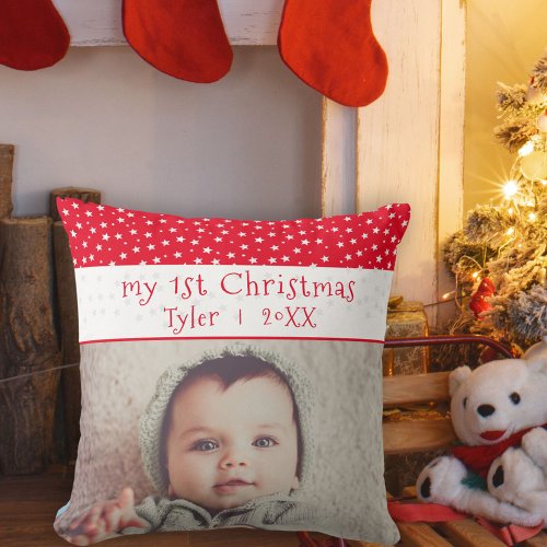 Cute Babys 1st Christmas Red Stars Photo Baby  Throw Pillow