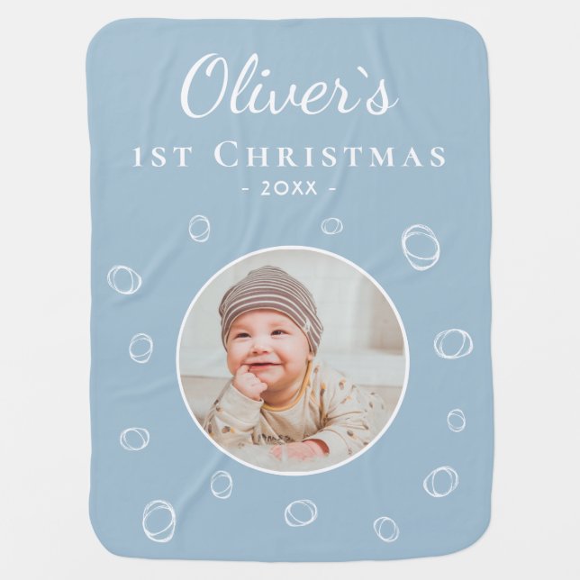 Cute Baby`s 1st Christmas Blue Baby Photo Baby Blanket (Front)