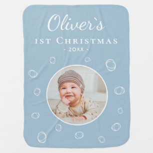 Cute Baby`s 1st Christmas Blue Baby Photo Blanket