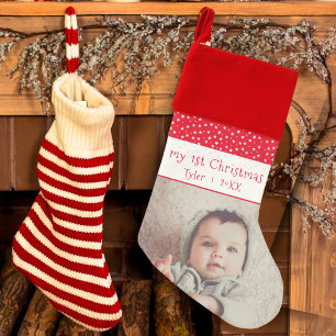 Cute Baby`s 1st Christmas Red Stars Photo Stocking
