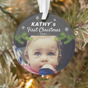 Cute Baby`s First Christmas Snowflake Pine Photo O Ornament