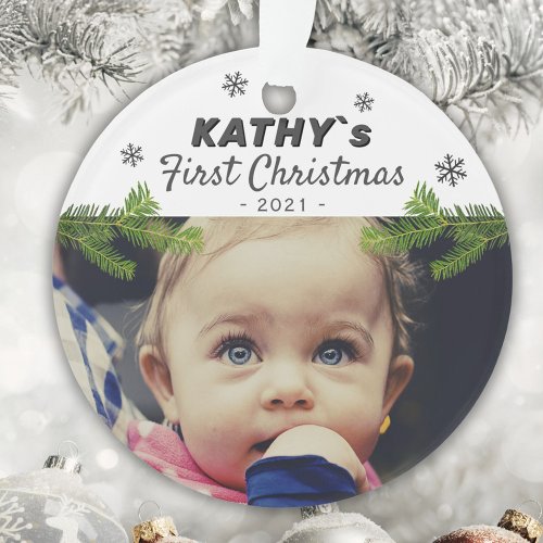 Cute Babys First Christmas Snowflake Pine Photo Ornament