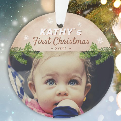 Cute Babys First Christmas Snowflake Pine Photo Ornament