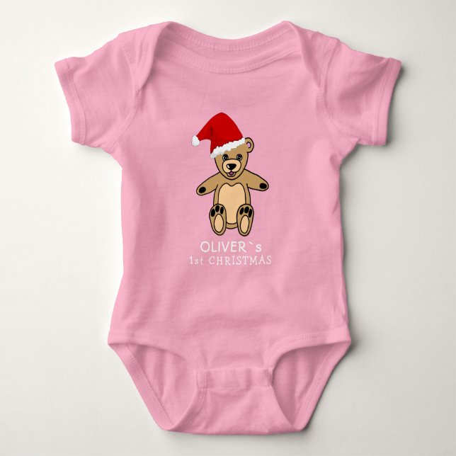 Cute Baby`s First Christmas Teddy Bear Santa Hat B Baby Bodysuit (Front)