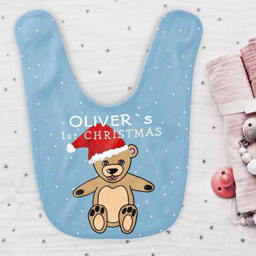 Cute Babys First Christmas Teddy Bear Santa Hat Baby Bib