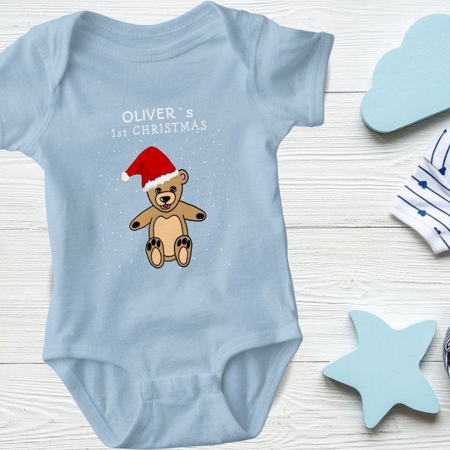 Cute Baby`s First Christmas Teddy Bear Santa Hat Baby Bodysuit (Creator Uploaded)