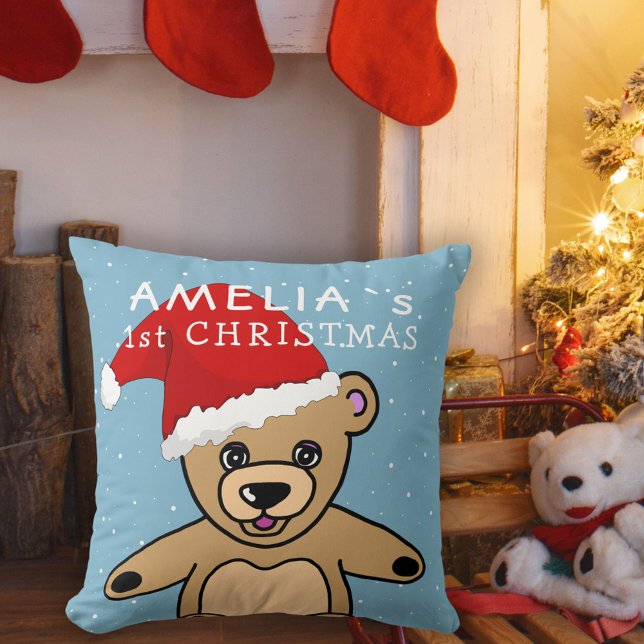 Cute Baby`s First Christmas Teddy Bear Santa Hat Throw Pillow (Creator Uploaded)