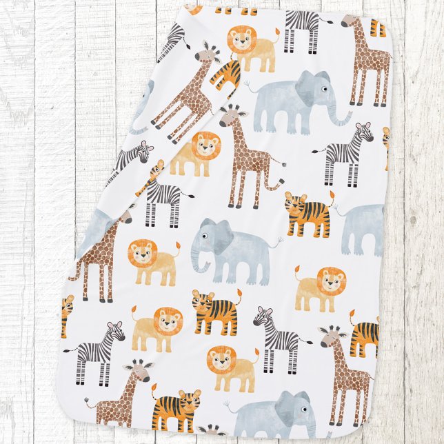Cute Baby Safari Animal Watercolor Blanket (Cute safari baby animals, lion tiger zebra elephant giraffe patterned baby blanket)