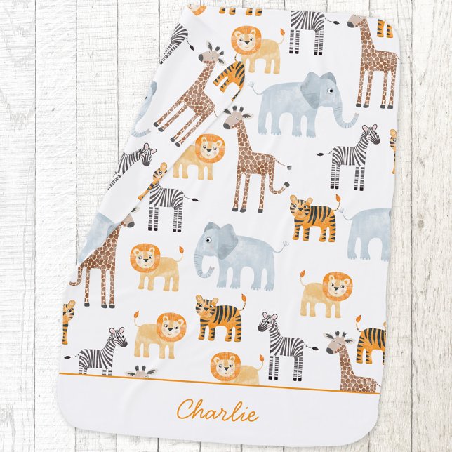 Cute Baby Safari Animal Watercolor Custom Name Blanket (Cute safari baby animals, lion tiger zebra elephant giraffe patterned personalized baby blanket)