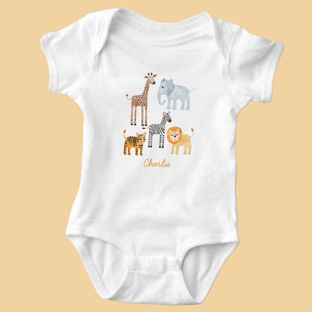 Cute Baby Safari Animal Watercolor Custom Name Bodysuit (Fun cute watercolor baby safari animals baby body suit)