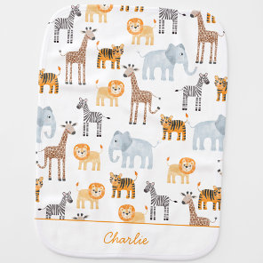 Cute Baby Safari Animal Watercolor Custom Name Burp Cloth