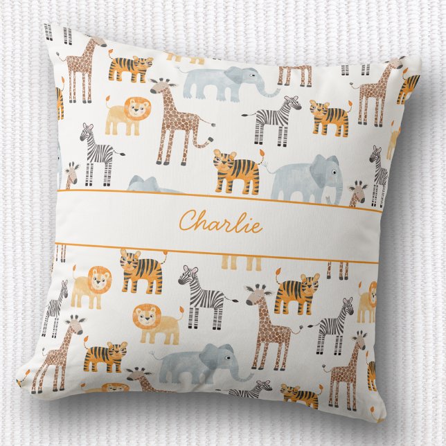 Cute Baby Safari Animal Watercolor Custom Name Throw Pillow (Cute safari baby animals, lion tiger zebra elephant giraffe patterned personalized name throw pillow)