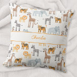 Cute Baby Safari Animal Watercolor Custom Name Throw Pillow<br><div class="desc">A watercolor baby lion,  giraffe,  tiger,  zebra and elephant animal safari pattern,  perfect for little animal lovers.  Original art by Nic Squirrell.  Change the name to personalize.  Makes a lovely gift for a new baby.</div>