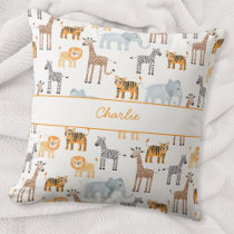 Cute Baby Safari Animal Watercolor Custom Name Throw Pillow