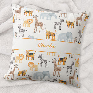 Cute Baby Safari Animal Watercolor Custom Name Throw Pillow
