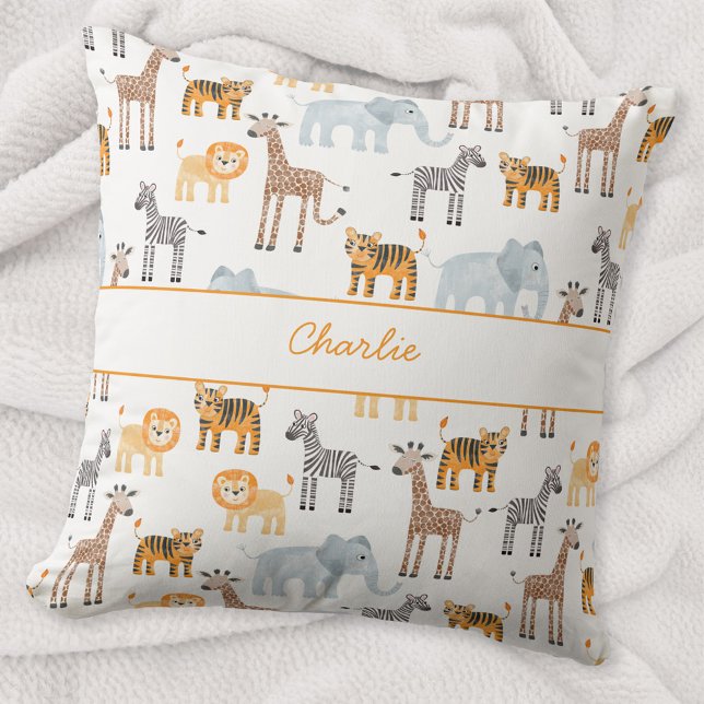 Cute Baby Safari Animal Watercolor Custom Name Throw Pillow (Cute safari baby animals, lion tiger zebra elephant giraffe patterned personalized name throw pillow)