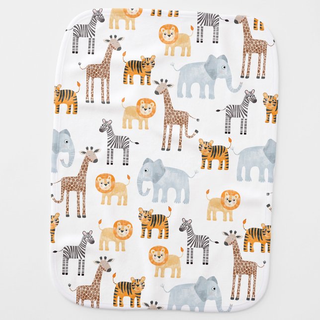 Cute Baby Safari Animal Watercolor Pattern Burp Cloth (Cute safari baby animals, lion tiger zebra elephant giraffe patterned baby burp cloth)