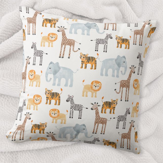 Cute Baby Safari Animal Watercolor Pattern Throw Pillow (Cute safari baby animals, lion tiger zebra elephant giraffe patterned throw pillow)