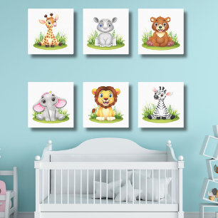 Cute Baby Safari Animals Nursery Wall Décor Canvas Photo Tile