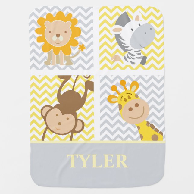 Cute Baby Safari Animals | Personalized Chevron Blanket (Front)
