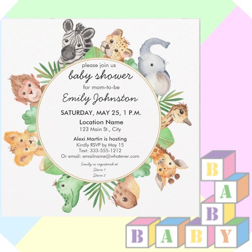 Cute Baby Safari Animals Square Baby Shower Invitation