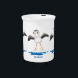 Cute baby sandpiper cartoon illustration  beverage pitcher<br><div class="desc">This cute sandpiper is having fun jumping the tide in the seashore. Drawn in happy cartoon illustration style.</div>