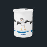 Cute baby sandpiper cartoon illustration  beverage pitcher<br><div class="desc">This cute sandpiper is having fun jumping the tide in the seashore. Drawn in happy cartoon illustration style.</div>
