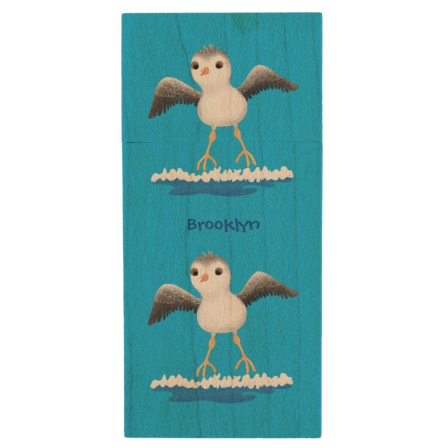 Cute baby sandpiper cartoon illustration  wood flash drive (Front Vertical)