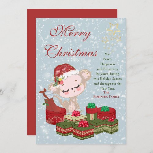 Cute Baby Santa Monkey Merry Christmas Gifts Red Holiday Card