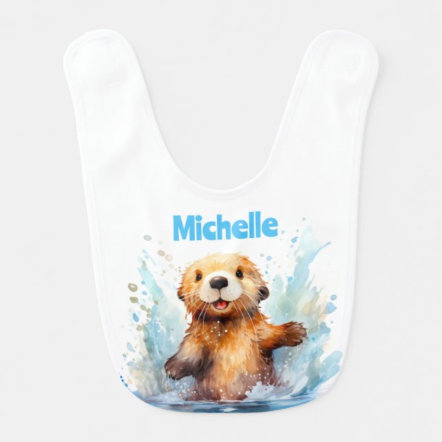Cute Baby Sea Otter in Water Splashes Personalized Baby Bib (Front)