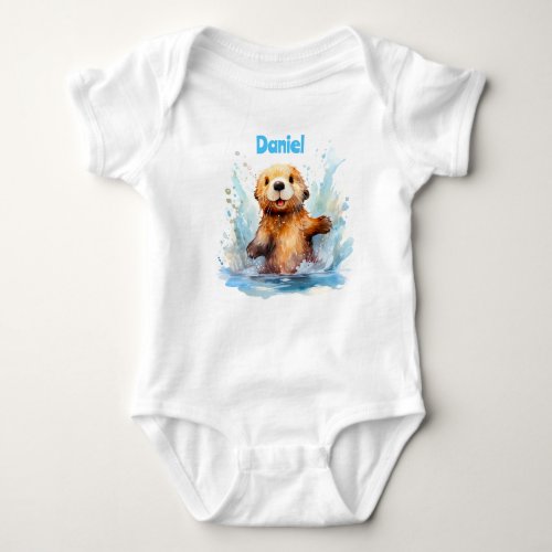 Cute Baby Sea Otter in Water Splashes Personalized Baby Bodysuit