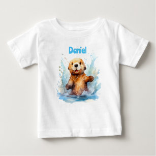 Cute Baby Sea Otter in Water Splashes Personalized Baby T-Shirt